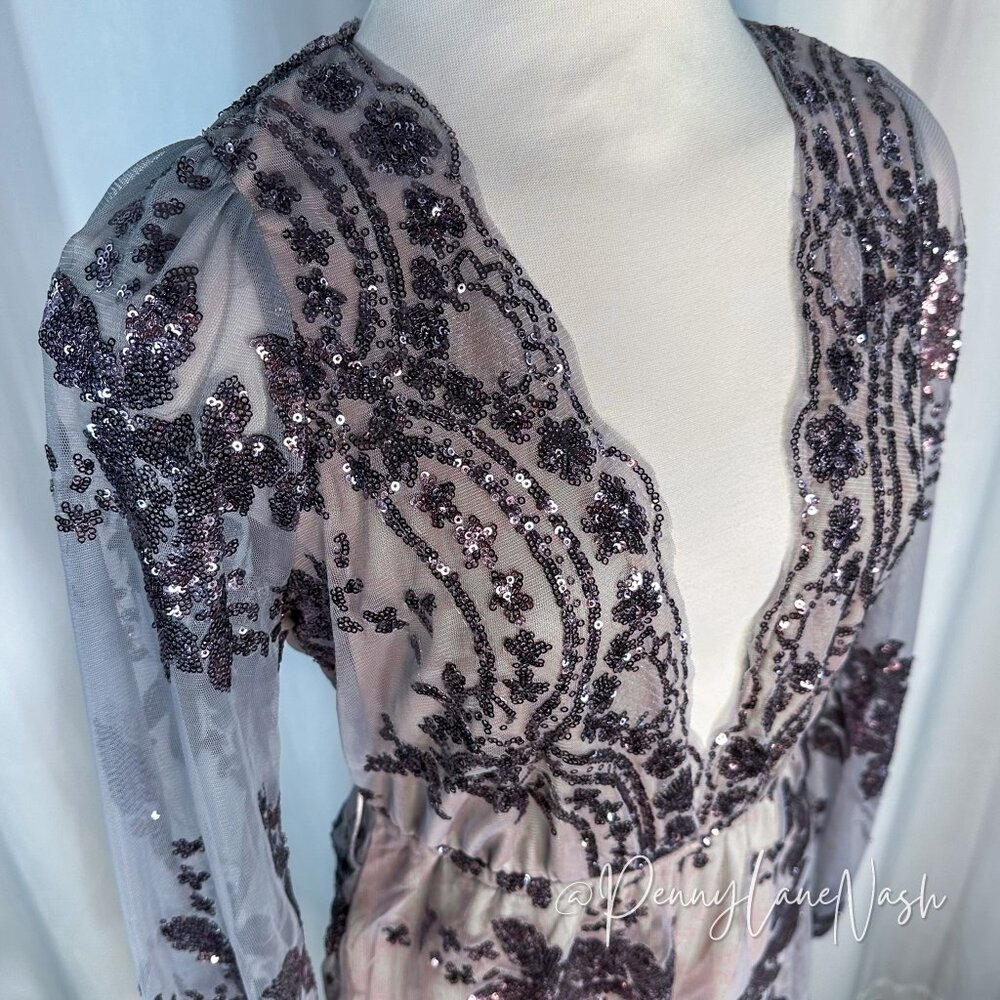 NWT L'Atiste Sheer Sleeve Sequined Deep V Neck Romper Lvander - Picture 9 of 14
